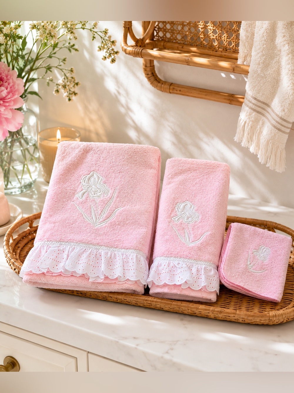 Vintage R.A. Briggs Pink Iris Towel Set Lace Trim Bath Hand Washcloth NWT